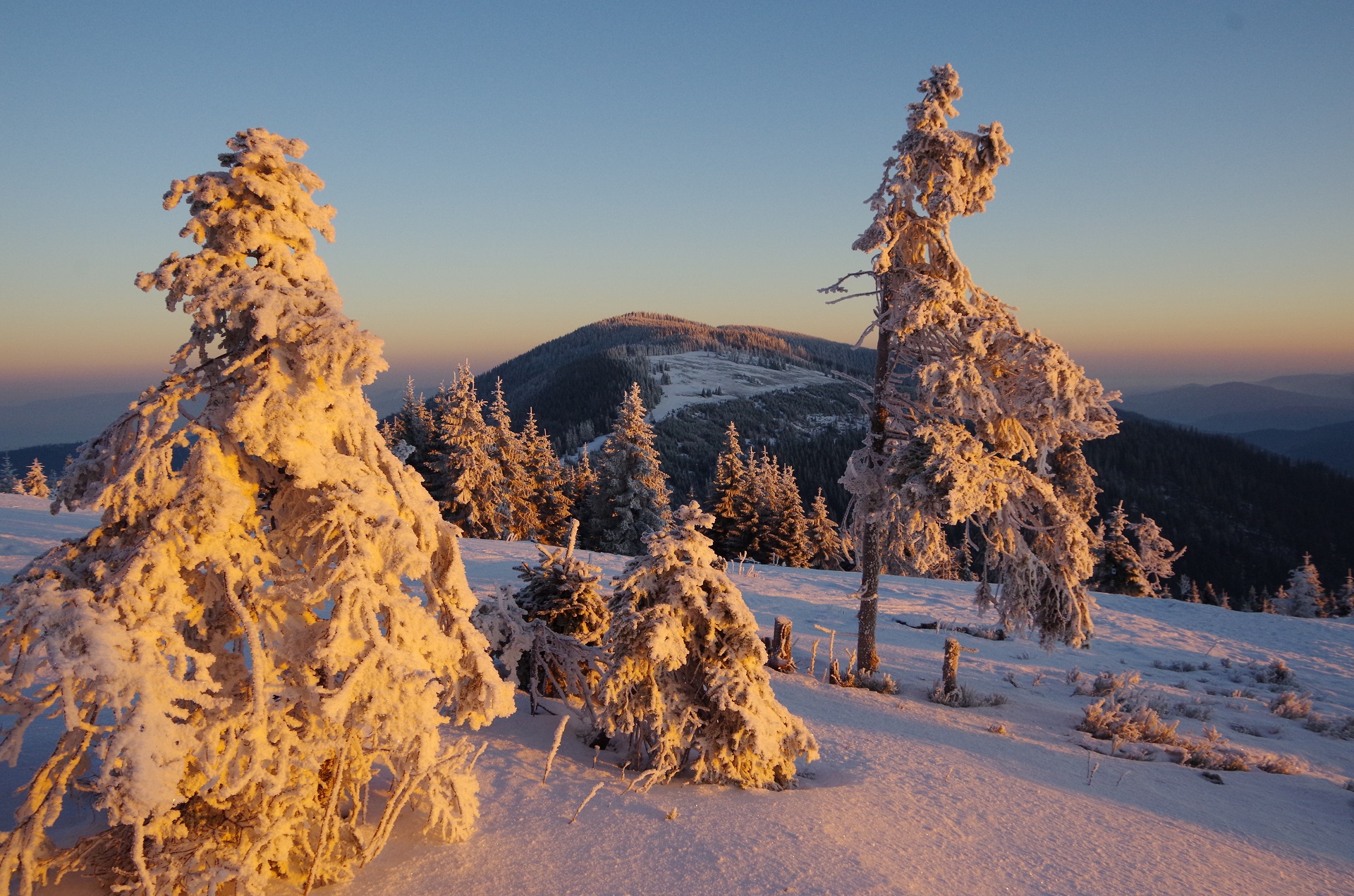 Zimowy wschód słońca na Hali Rysianka