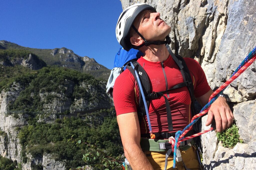 DArek na stanowiski na drodze Orrizzonti Dolomitici na PIccolo Dain